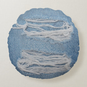 Almofada Redonda Fundo de textura de jeans de denim rasgado azul. N