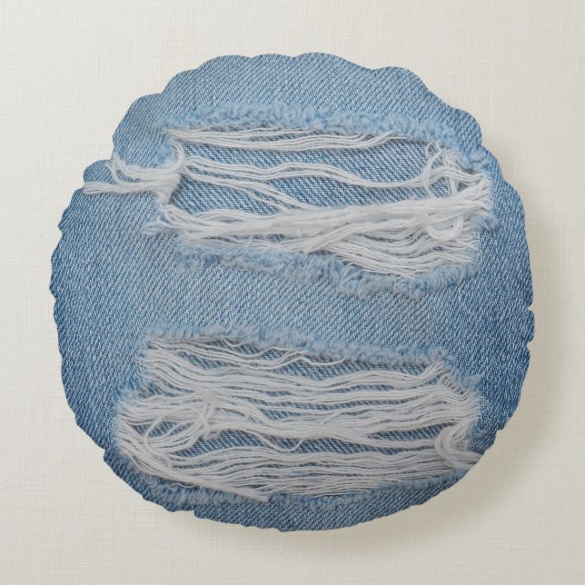 Almofada Redonda Fundo de textura de jeans de denim rasgado azul. N (Frente)