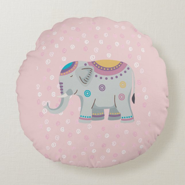 ALMOFADA REDONDA FUNDO ROSA COM ELEFANTE INDIANO FOFO (Frente)
