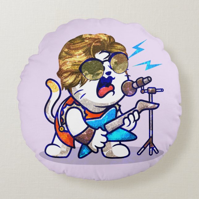 Almofada Redonda Funky Rockstar Cat - Gatinho Legal do Lover Música (Frente)