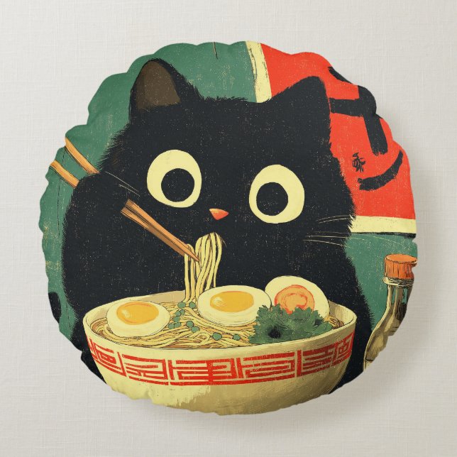 Almofada Redonda Funny Black Cat Eating Ramen (Frente)