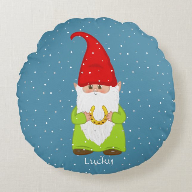 Almofada Redonda Funny Gnome e ferradura no Azul de Sapphire (Frente)