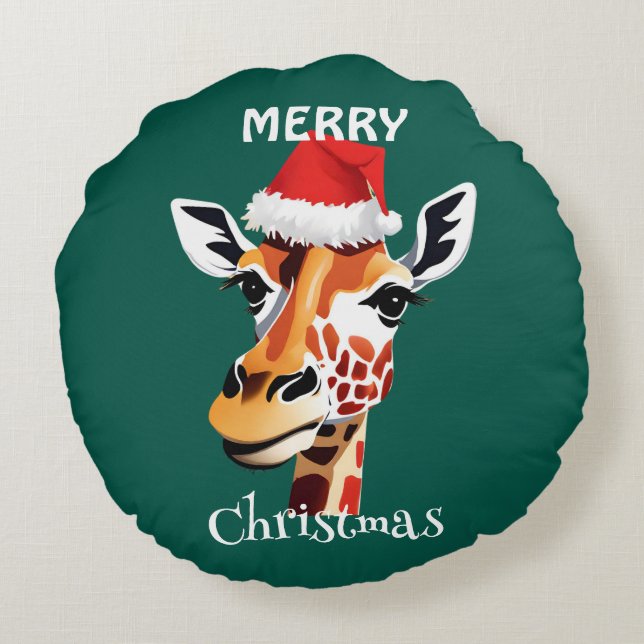 Almofada Redonda Funny Safari animais Giraffe Papais noeis Xmas (Verso)