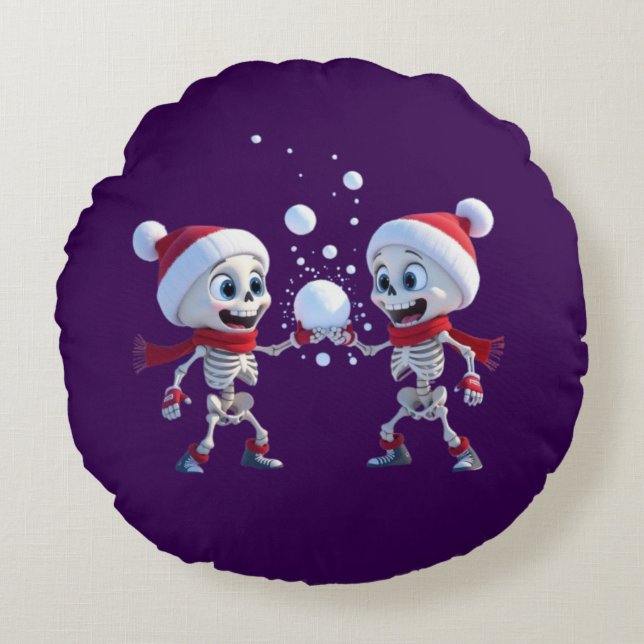 Almofada Redonda Funny Santa Skeletons Having a Snowball Fight  (Frente)