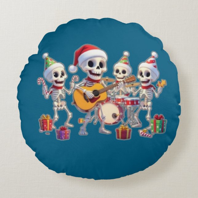Almofada Redonda Funny Skeleton Band Christmas & New Year – 3D Cart (Frente)