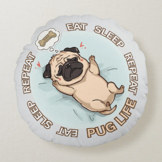 Almofada Redonda Funny Sleeping Pug Round Pillow | Eat Sleep Repeat