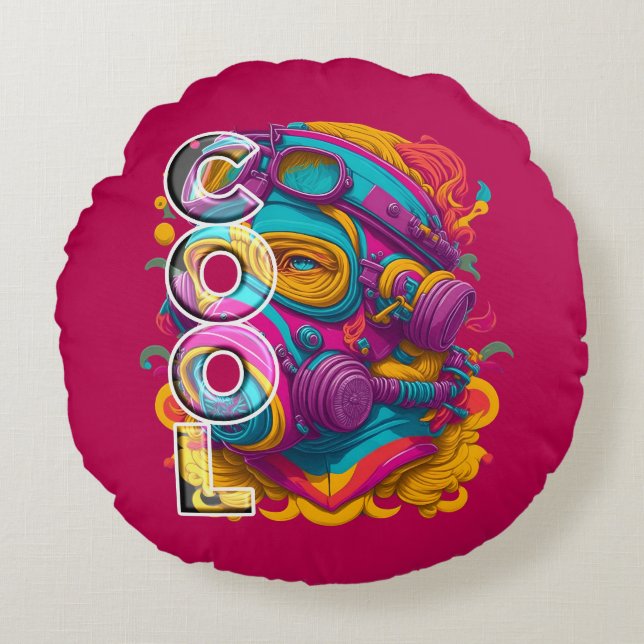 ALMOFADA REDONDA FURÍSTICA COM MÁSCARA DE GÁS. (Frente)