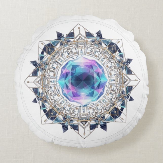 Almofada Redonda Futuristic Crystal Mandala – Geometric Tech Art (Frente)