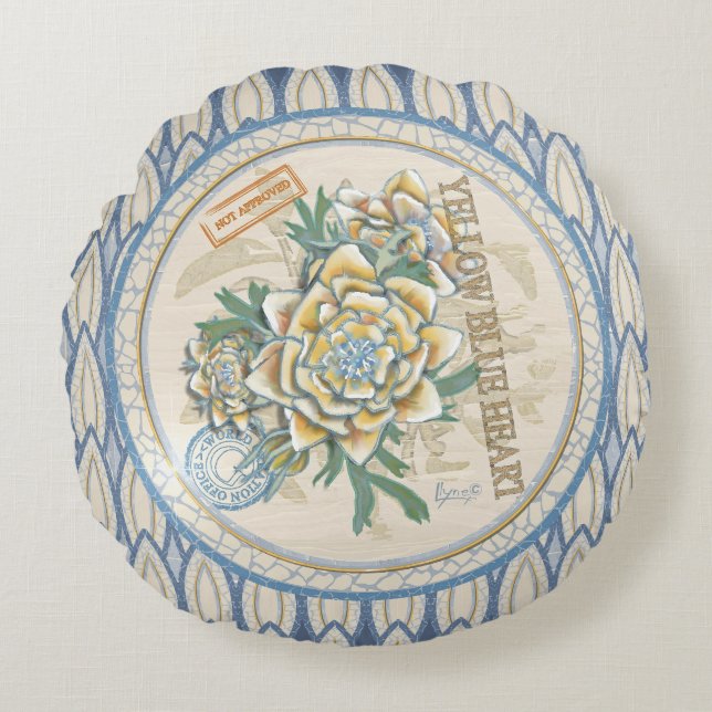 Almofada Redonda G Criação de floração amarela (Frente)