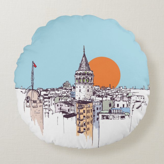 Almofada Redonda Galata Tower e Galata distrito de Beyoglu Istanb (Frente)