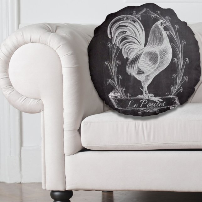 Almofada Redonda galo rústico do campo chic (rustic chic blackboard french country rooster round pillow)