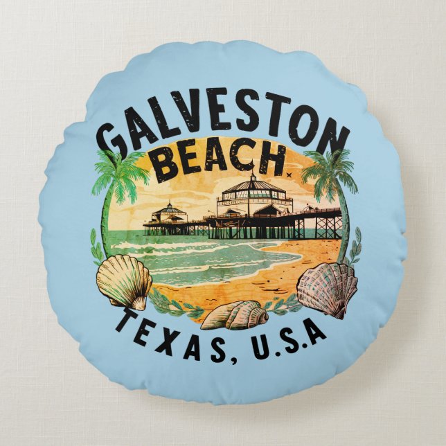 Almofada Redonda Galveston Beach Retro Vignette (Frente)