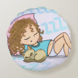Almofada Redonda Garota adormecida bonita com gatinho