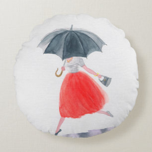 Almofada Redonda Garota com guarda-chuva na chuva. ilustração da