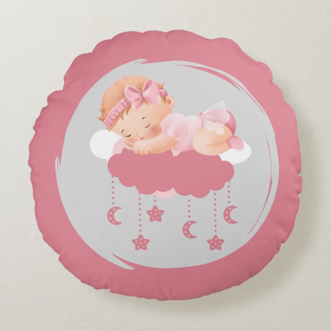 Almofada Redonda Garota Dormindo Em Nuvens Ao Redor Do Travesseiro  (Frente)