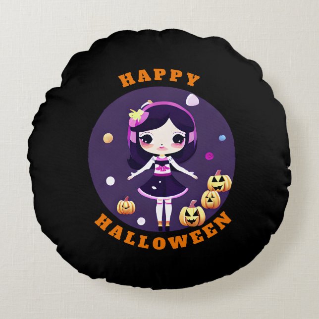 Almofada Redonda Garota Kawaii bonita no Halloween de Pumpkins (Frente)