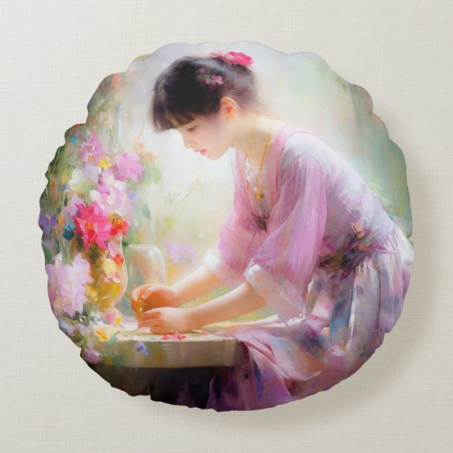 Almofada Redonda Garota no Jardim Flor (Frente)