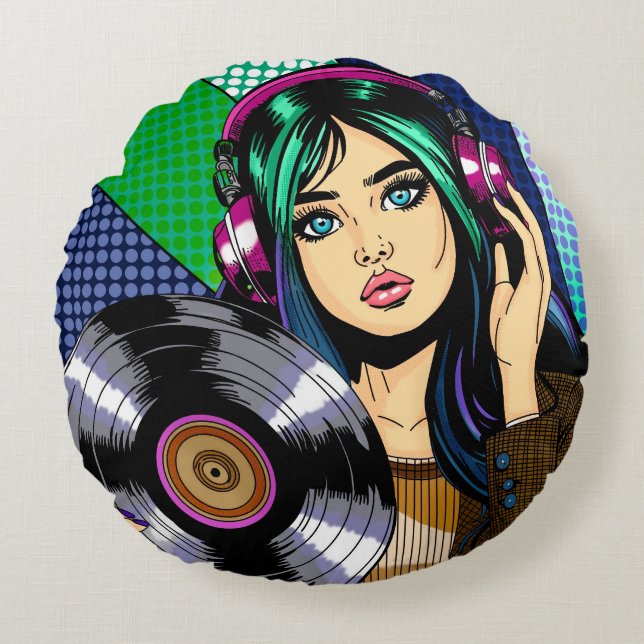 Almofada Redonda Garota Pop Art com Disco (Frente)
