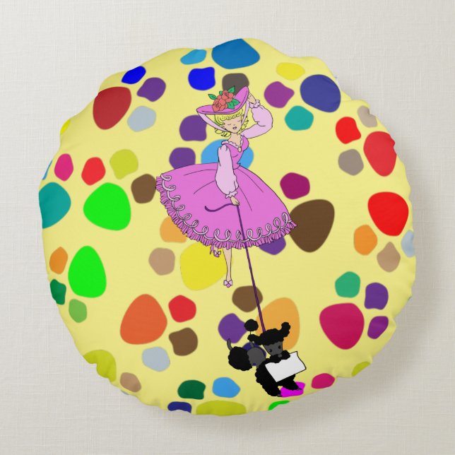 Almofada Redonda Garota Rosa Rosa Vestido Preto Cartoon original (Verso)
