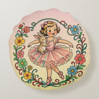 Almofada Redonda ~ Garota Vintage Art em Tutu com coelho ~ 