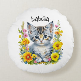 Almofada Redonda Gatinho Aquarela em Flores Personalizadas