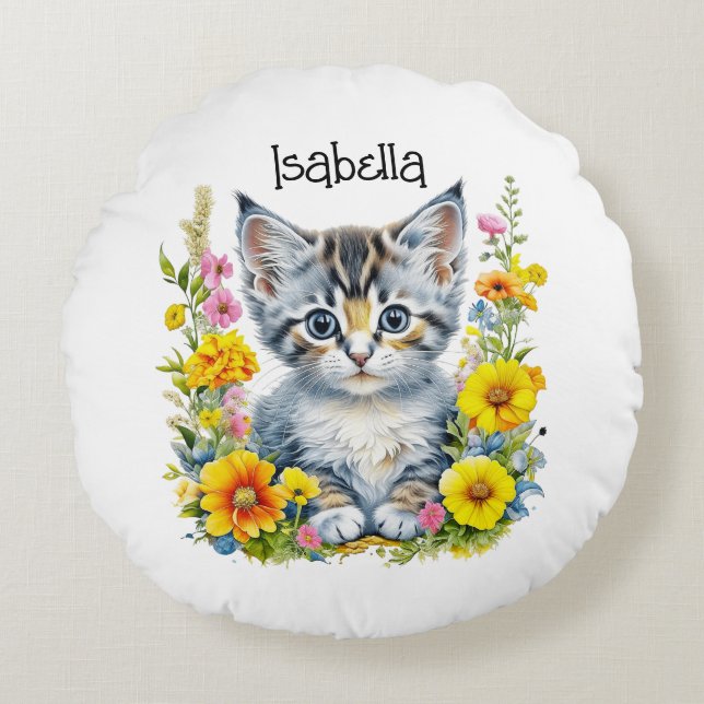Almofada Redonda Gatinho Aquarela em Flores Personalizadas (Frente)