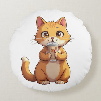 Almofada Redonda Gatinho Bebendo Café