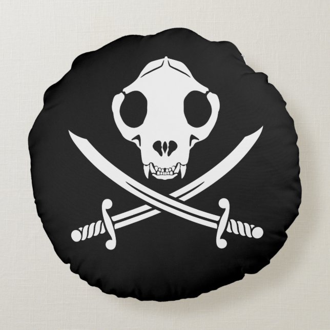 Almofada Redonda Gatinho branco preto engraçado Ossos do crânio Pir (Verso)