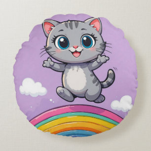 Almofada Redonda Gatinho de desenho animado adorável saltando alegr