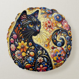 Almofada Redonda Gatinho de Gato Preto Floral Branco Amarelo