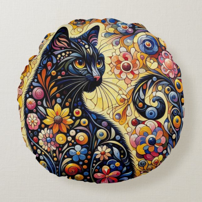 Almofada Redonda Gatinho de Gato Preto Floral Branco Amarelo (Frente)