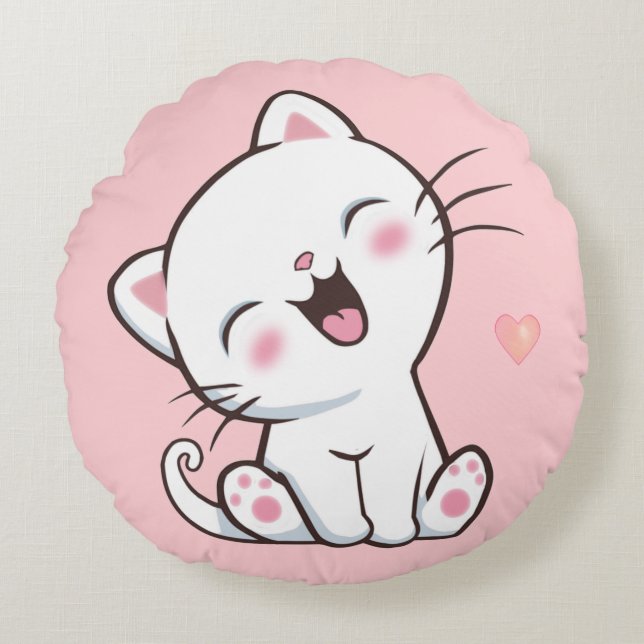 Almofada Redonda Gatinho Fofo em Rosa Claro (Frente)
