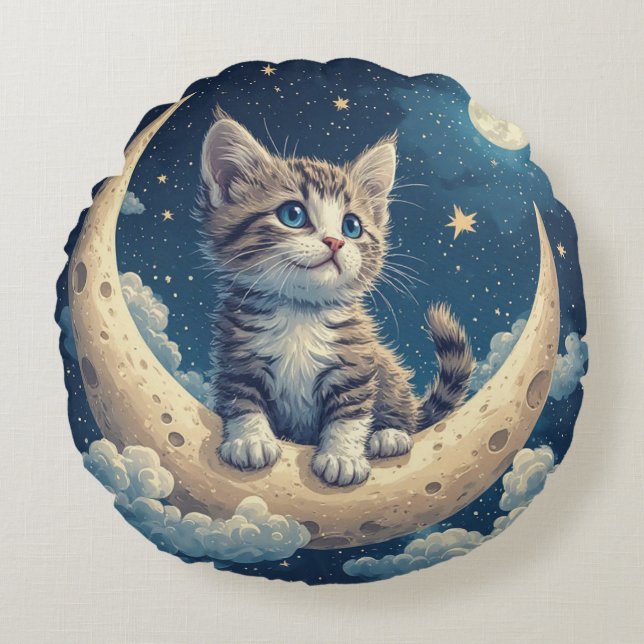 Almofada Redonda Gatinho Fofo em uma Lua Crescente Com Estrelas (Frente)