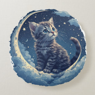 Almofada Redonda Gatinho Fofo em uma Lua Crescente Com Estrelas
