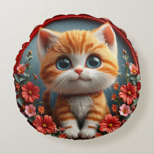 Almofada Redonda Gatinho Laranja Fofo Enquadrado Com Flores Decorat