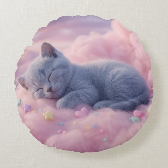 Almofada Redonda Gatinho Pastel Adormecido em Nuvens Cor-de-Rosa Fo (Frente)