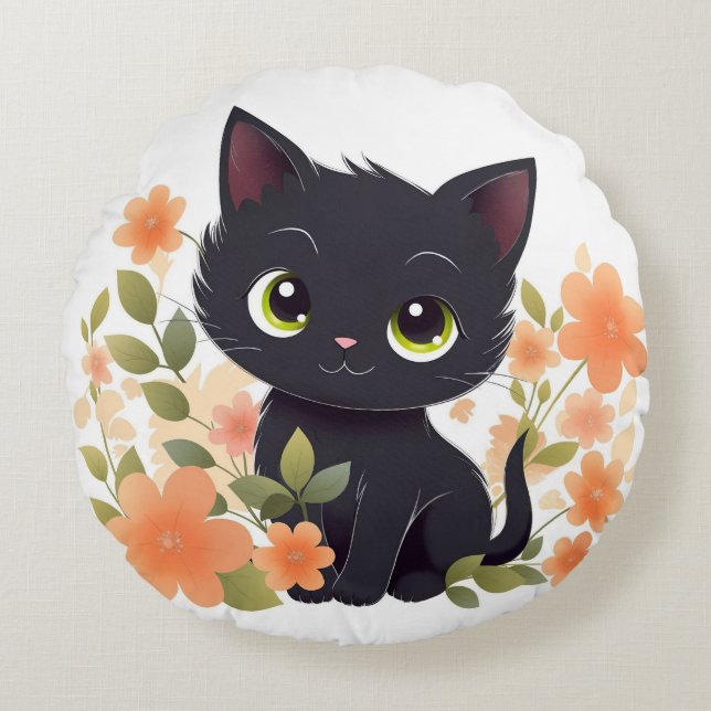 Almofada Redonda Gatinho Preto Doce com Flores Kawaii Chibi (Frente)