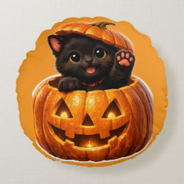 Almofada Redonda Gatinho preto fofo e jack-o'-lantern assustadorame