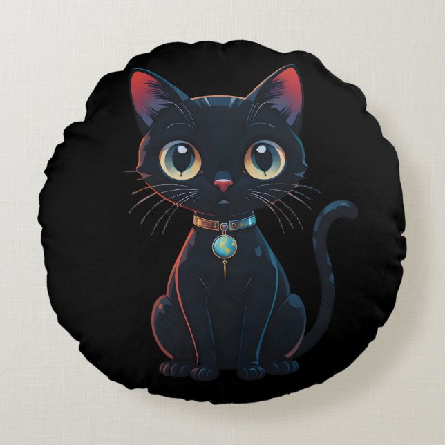 Almofada Redonda Gatinho Preto Sinistro (Frente)
