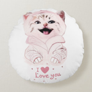 Almofada Redonda Gatinho Rosa Bonito "Eu Amo-Te" Travesseiro redond