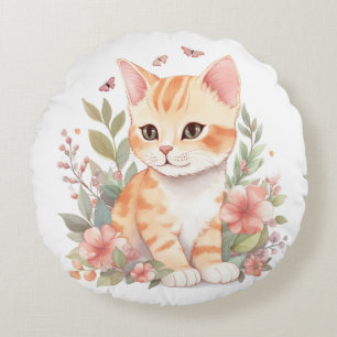 Almofada Redonda Gatinho Tabby Laranja Doce com Aquarela de Flores