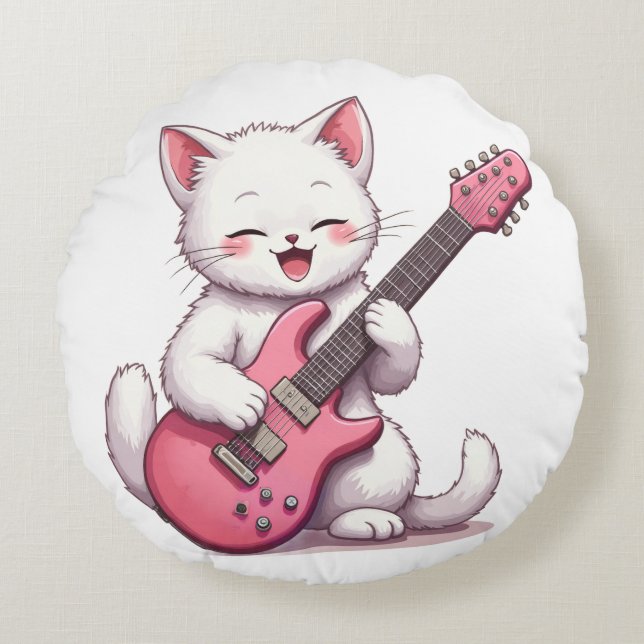 Almofada Redonda Gatinho Tocando Guitarra (Frente)