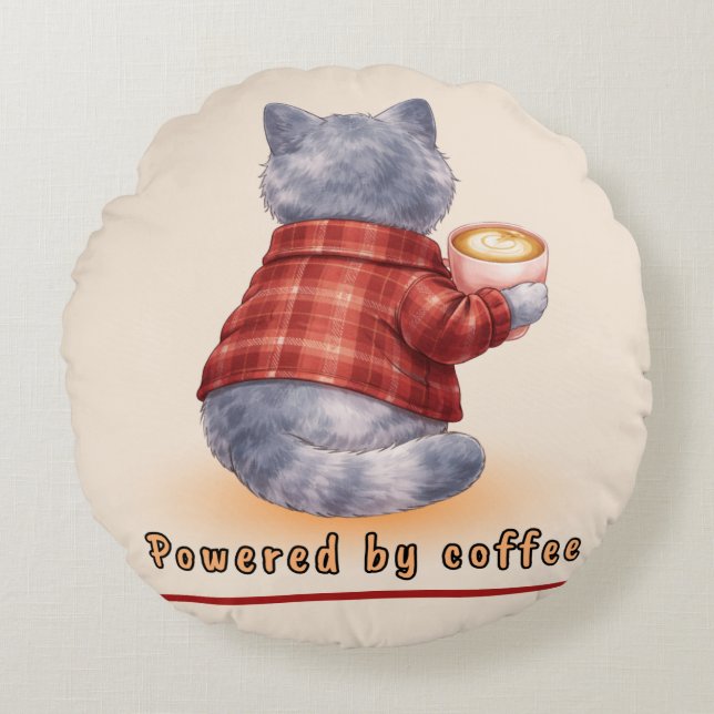 Almofada Redonda Gato "Alimentado por Café" Segurando Uma Xícara de (Frente)