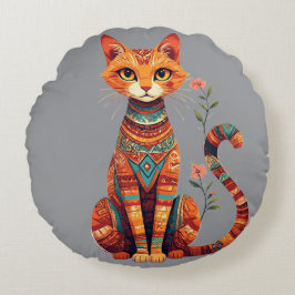 Almofada Redonda Gato Artístico Fofo com Ramo Floral
