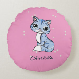 Almofada Redonda Gato azul bonito com nome personalizado rosa