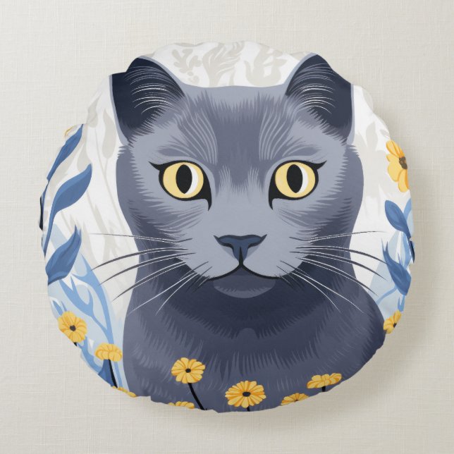 Almofada Redonda Gato Azul Russo Flores Amarelas (Frente)