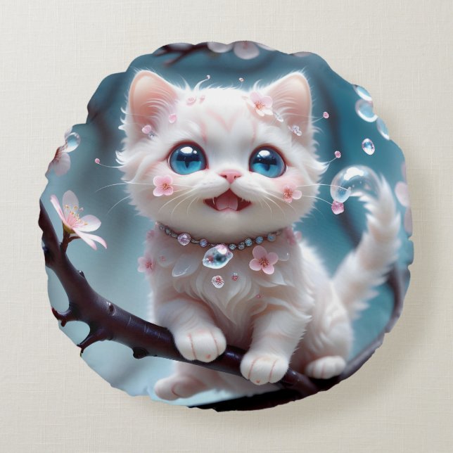 Almofada Redonda Gato branco bonitinho, misterioso e bonitinho. (Frente)