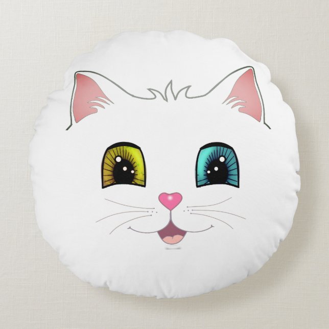 Almofada Redonda Gato Branco com Dois Olhos de Cores Diferentes (Frente)