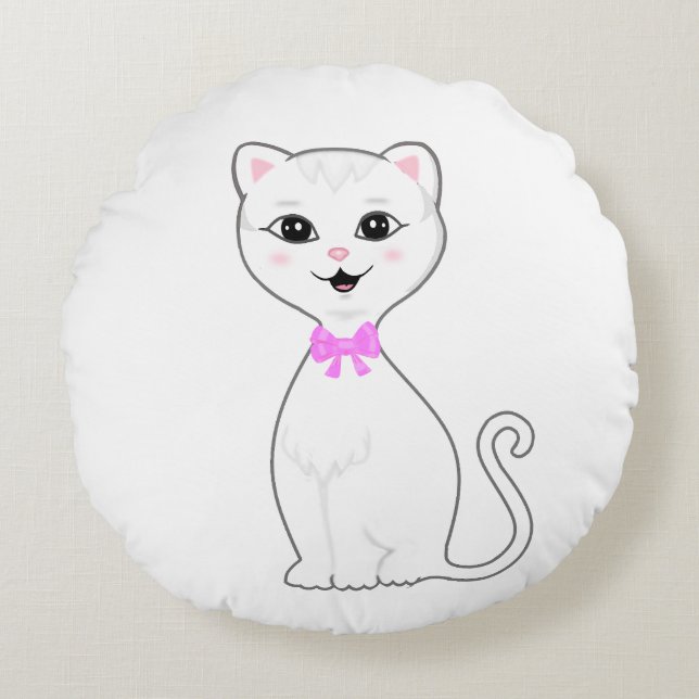 Almofada Redonda Gato Branco Esperto Fofo Cartoon (Frente)