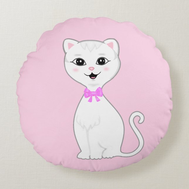 Almofada Redonda Gato Branco Esperto Fofo Cartoon (Frente)